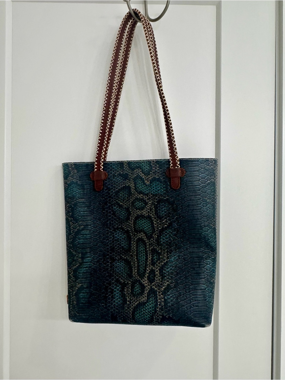 Consuela Teal Snake-Print Tote with Brown Handles